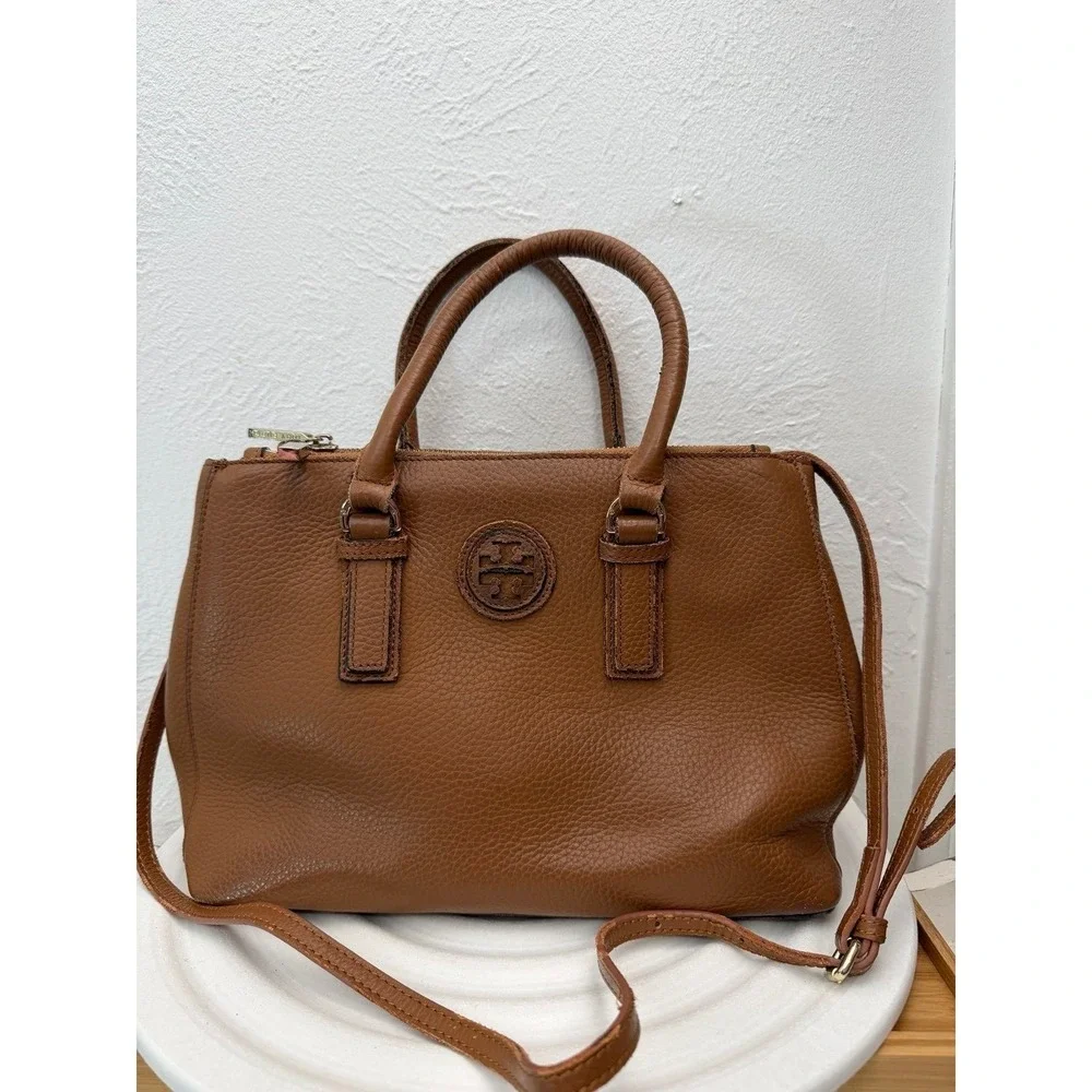 Tory Burch Brown Leather Satchel Crossbody Double Zip Logo Bag